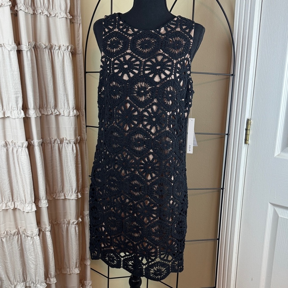 Aqua Black Crochet Sleeveless Mini Dress Lined Size XL NWT